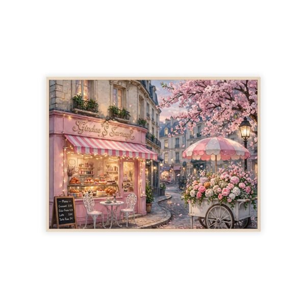 Framed Parisian Flower Shop Wall Art Poster — Floral Street Scene with Wooden Frame - Image 1
