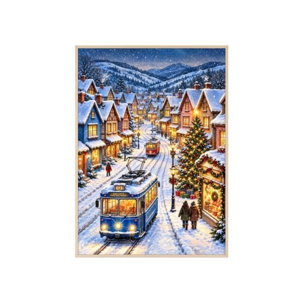 Framed Winter Village Tram Poster — Cozy Snowy Street Holiday Wall Art - Image 1
