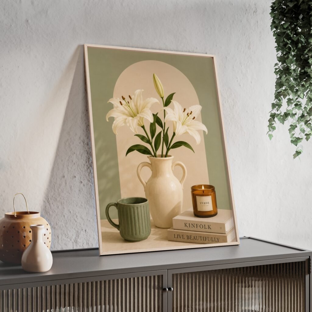 Framed Lily Still Life Poster – Vintage Vase & Candle Wall Art