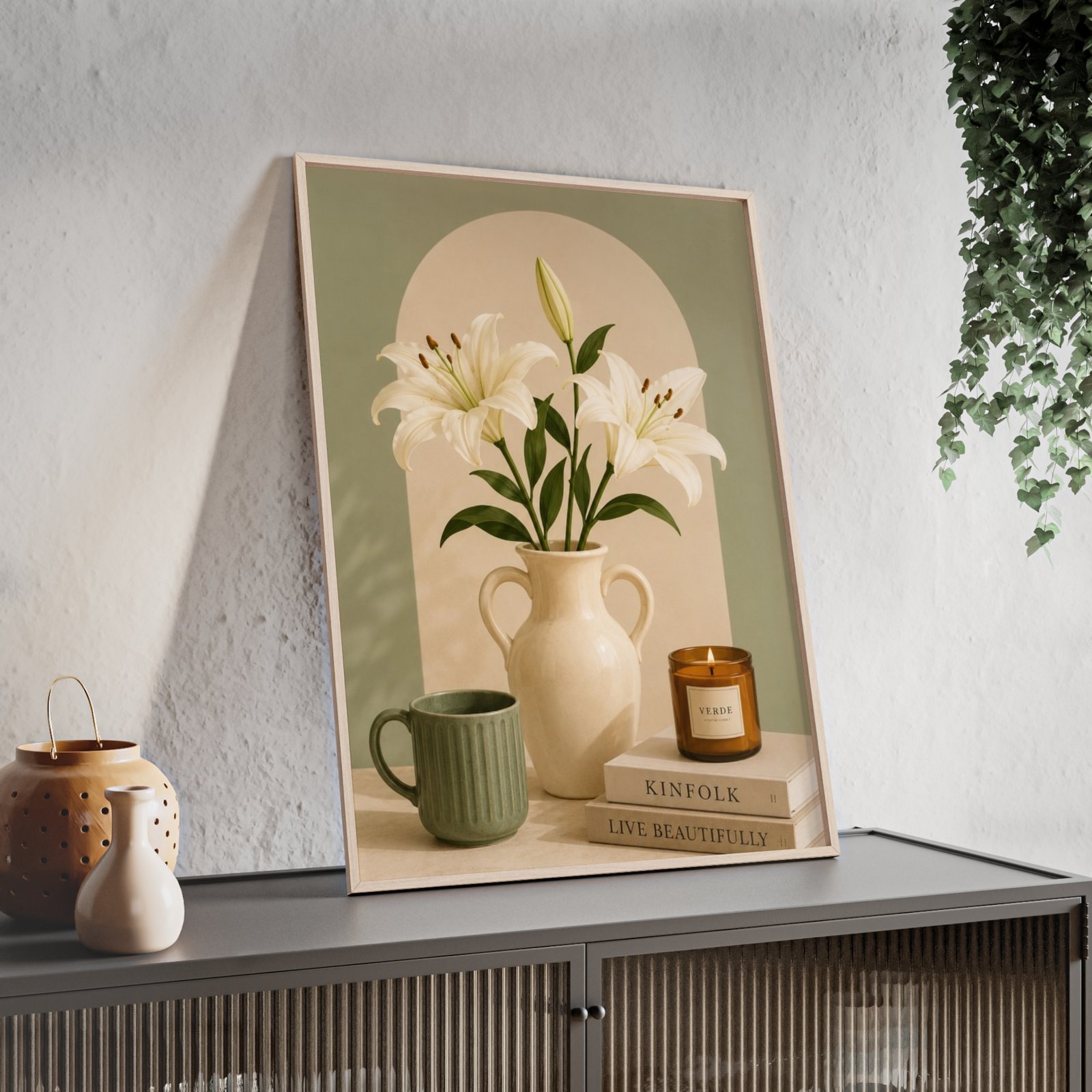 Framed Lily Still Life Poster – Vintage Vase & Candle Wall Art - Image 2
