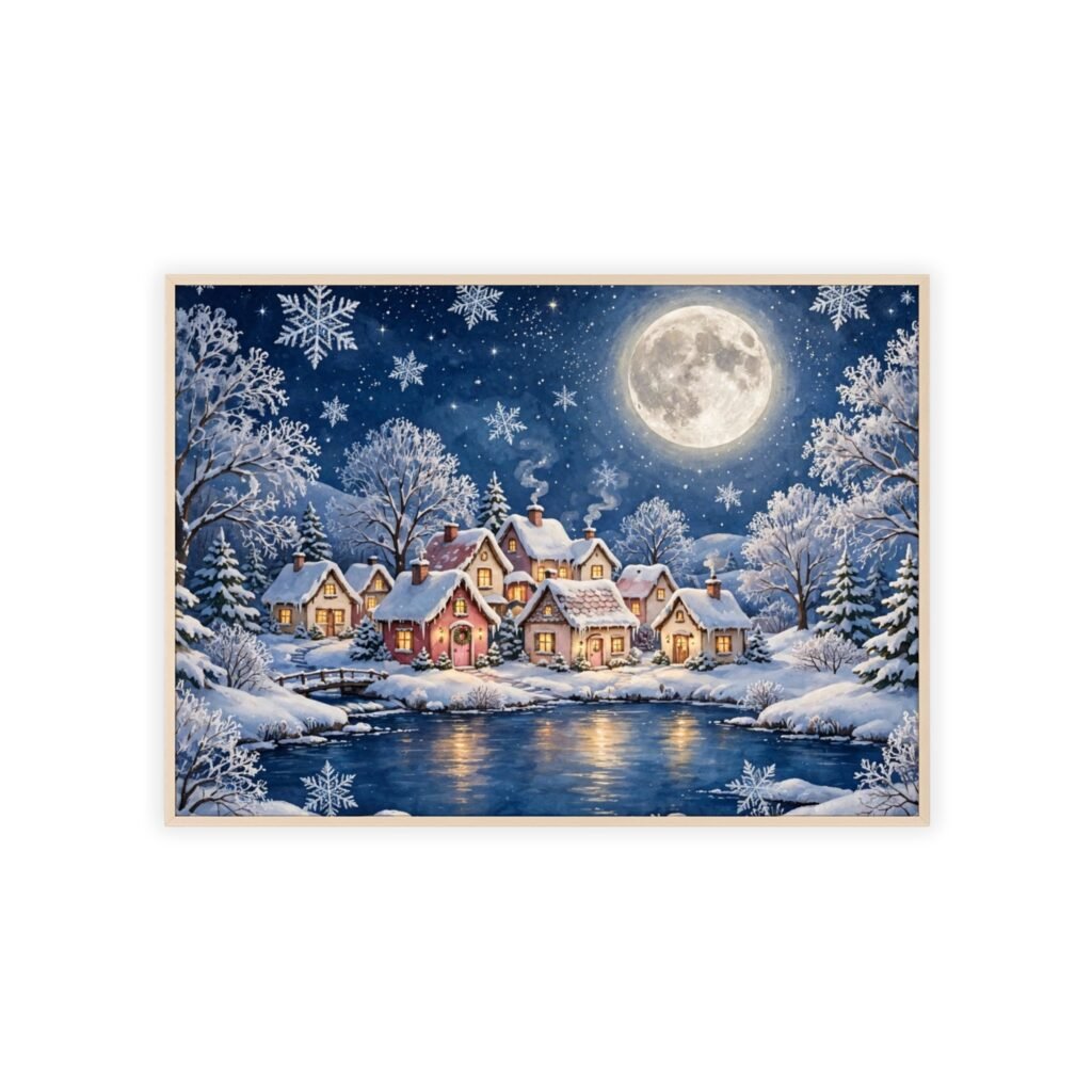 Framed Winter Village Poster — Moonlit Snowy Cottage Wall Art