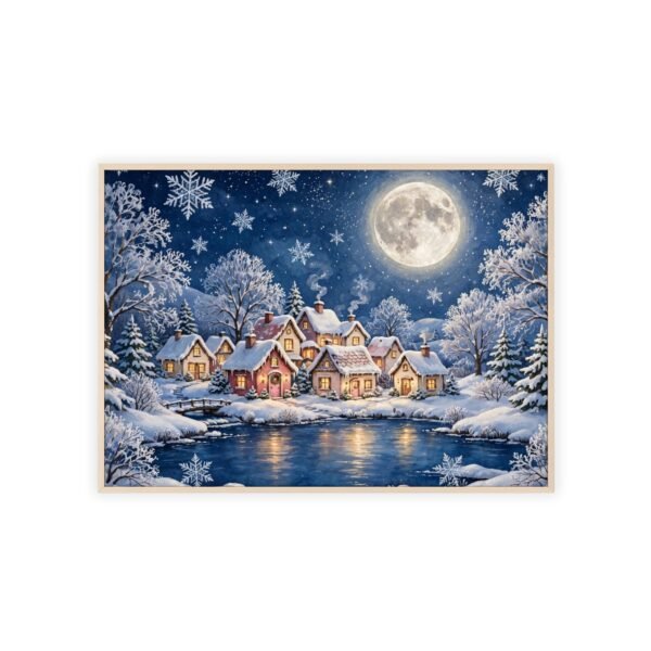 Framed Winter Village Poster — Moonlit Snowy Cottage Wall Art - Image 1