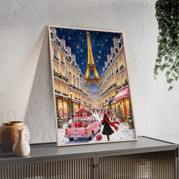 Paris Christmas Street Poster with Wooden Frame — Eiffel Tower Holiday Wall Art - Image 3