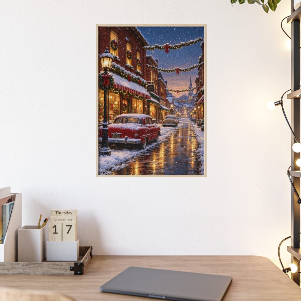 Christmas Snowy Street Poster with Wooden Frame – Vintage Holiday Wall Art