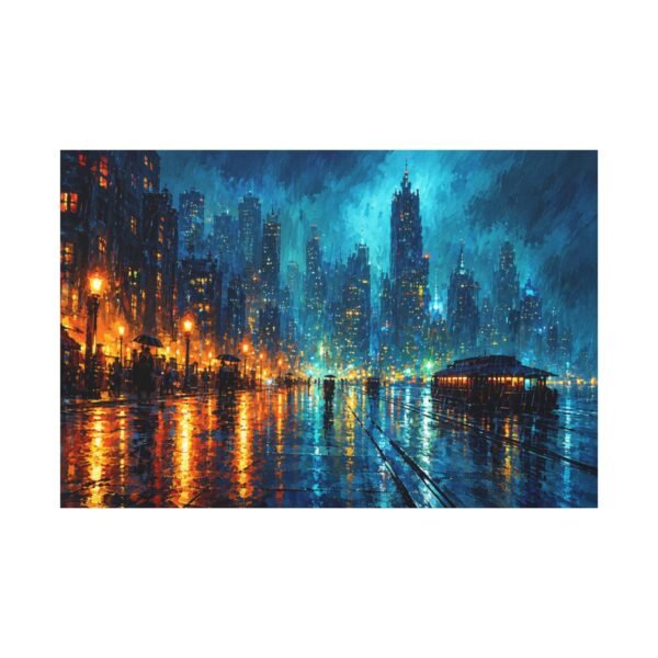 City Lights Matte Canvas Print — Rainy Night Urban Skyline Wall Art - Image 1