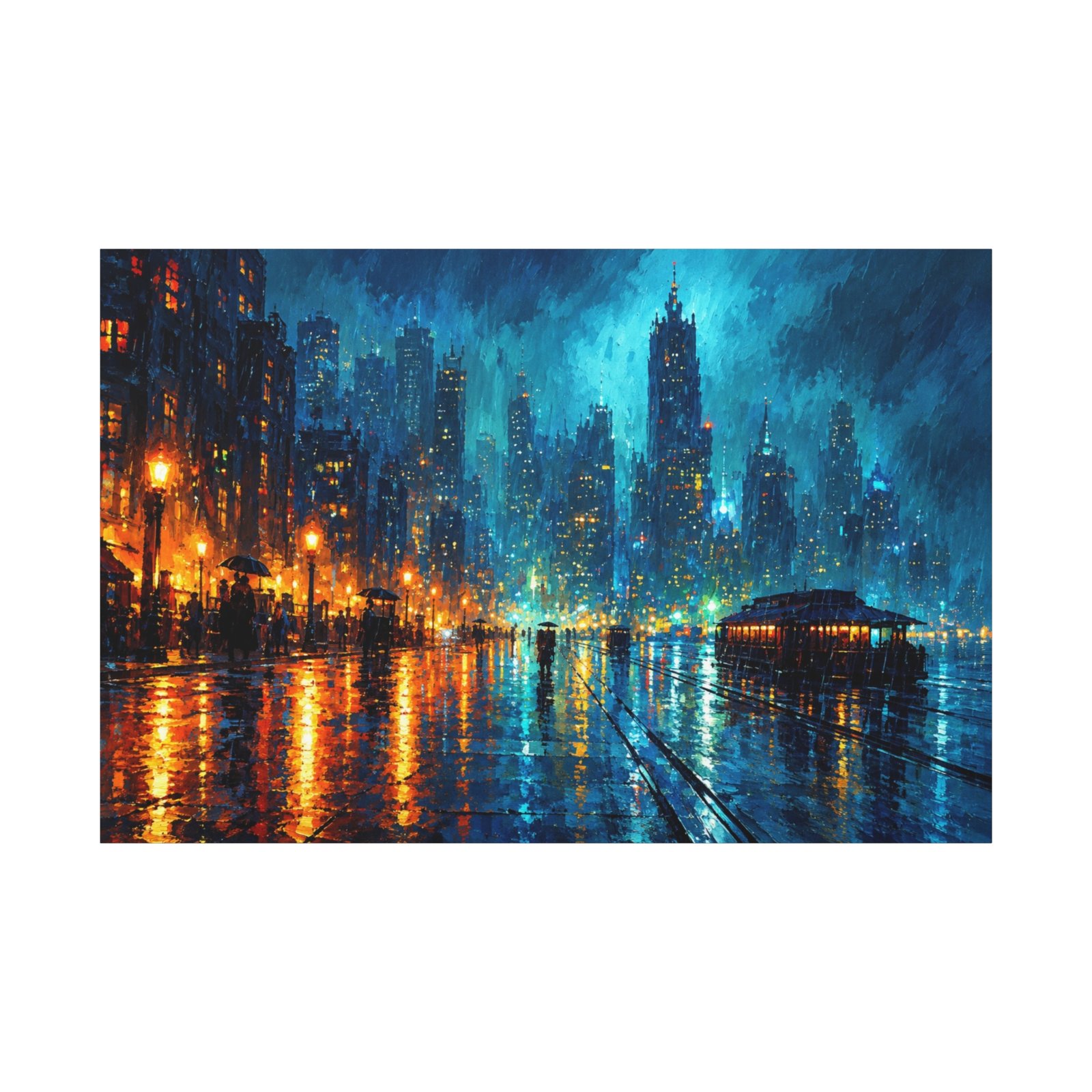 City Lights Matte Canvas Print — Rainy Night Urban Skyline Wall Art - Image 1