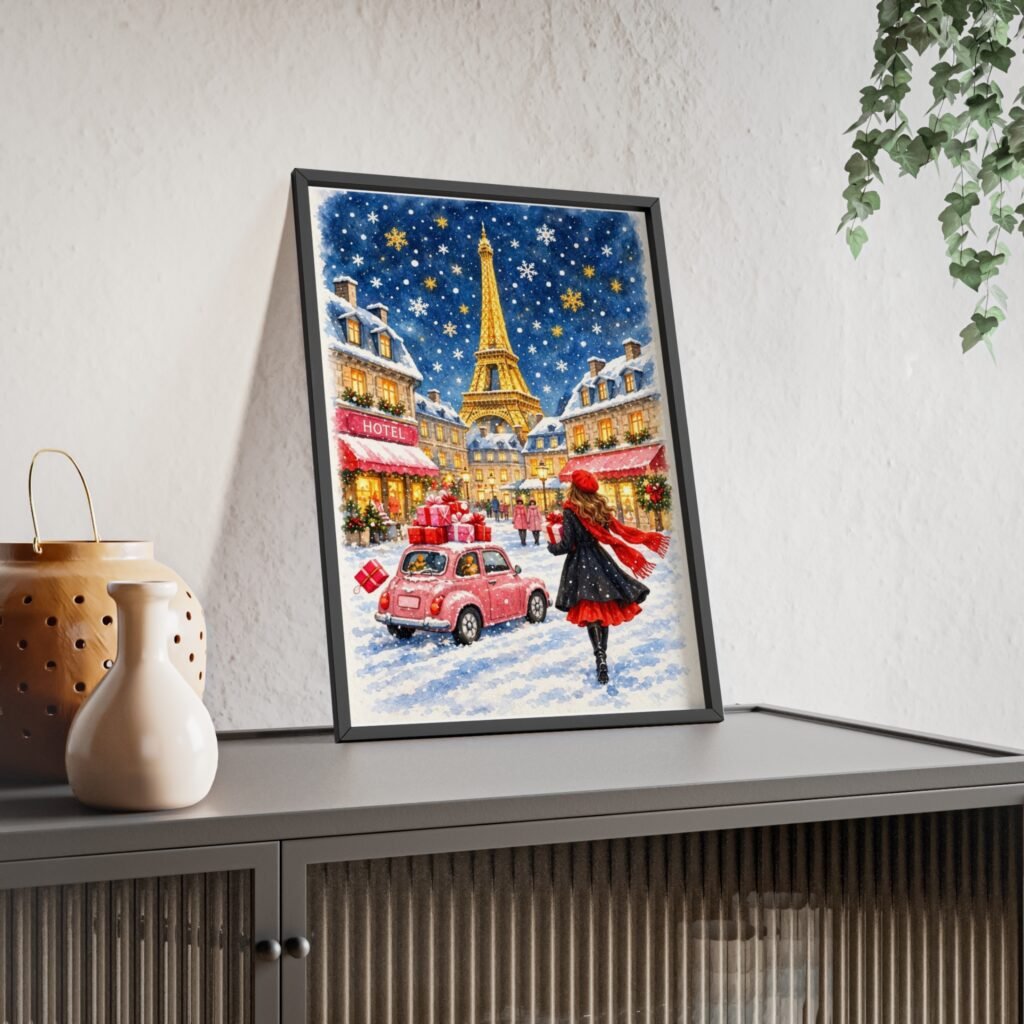 Paris Winter Holiday Poster with Wooden Frame — Eiffel Tower Christmas Street Scene