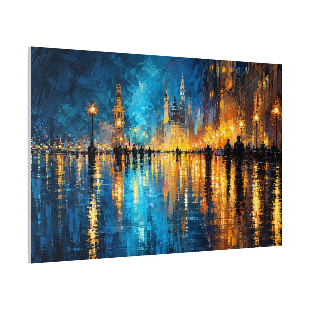 City Lights Abstract Matte Canvas Wall Art — Blue & Gold Stretched Canvas