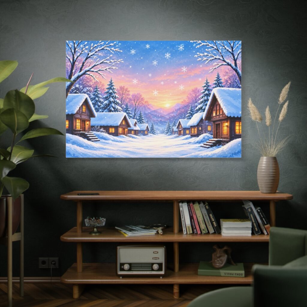 Winter Cabin Canvas Print — Snowy Village Sunset Matte Stretched Wall Art