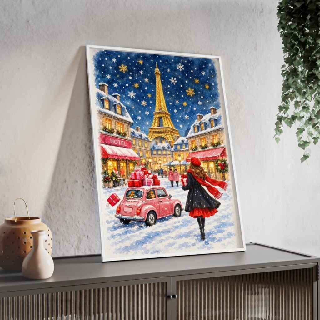 Paris Winter Holiday Poster with Wooden Frame — Eiffel Tower Christmas Street Scene