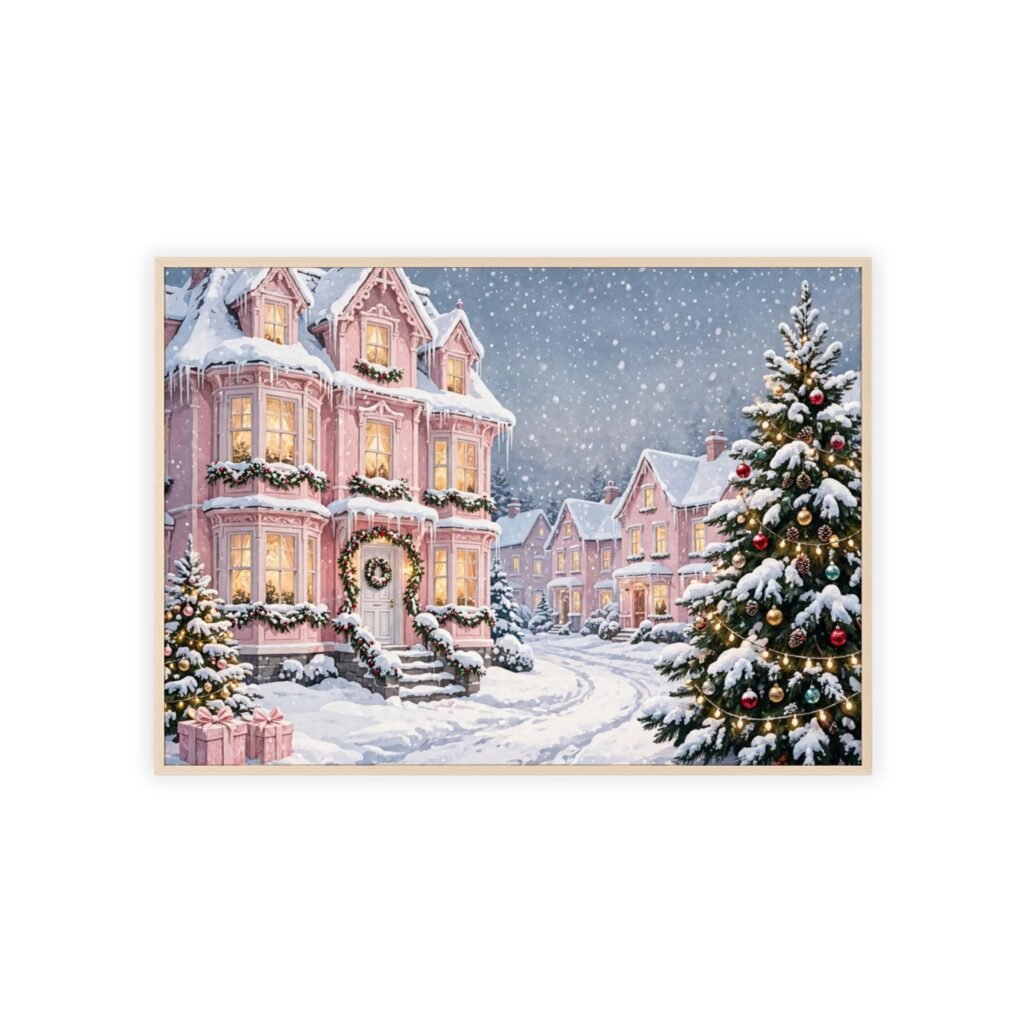 Christmas Winter Village Poster with Wooden Frame