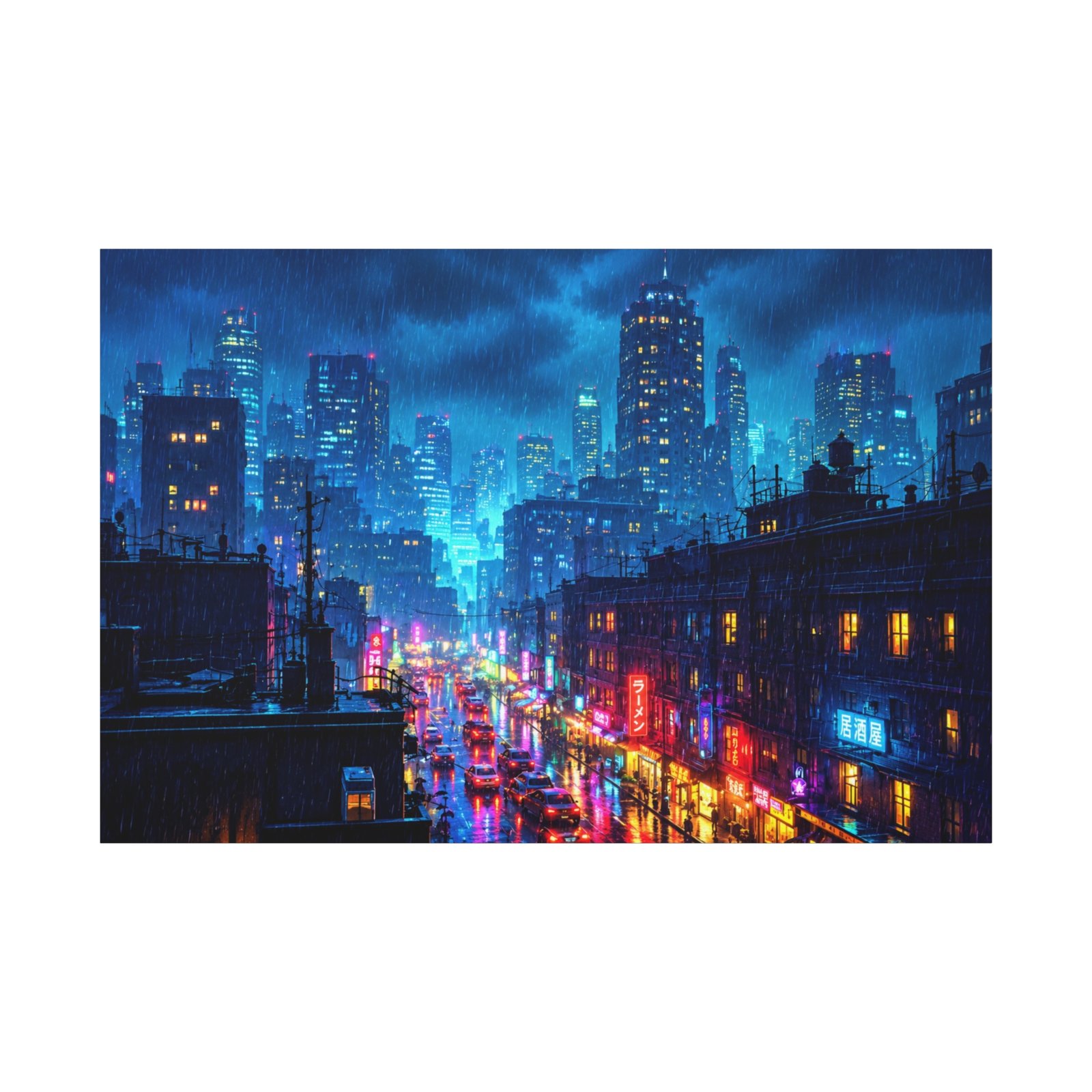City Nightscape Matte Canvas Print — Rainy Neon Urban Skyline Wall Art - Image 1