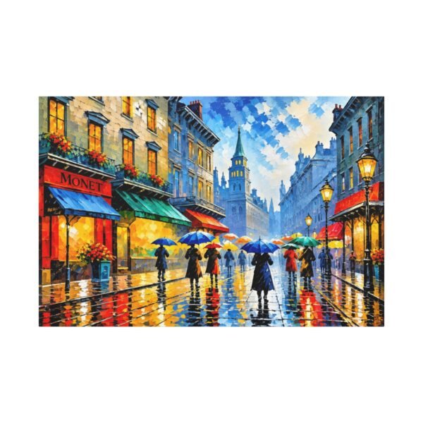 City Rain Street Canvas Wall Art – Colorful Impressionist Umbrella Scene, Matte Stretched Print - Image 1