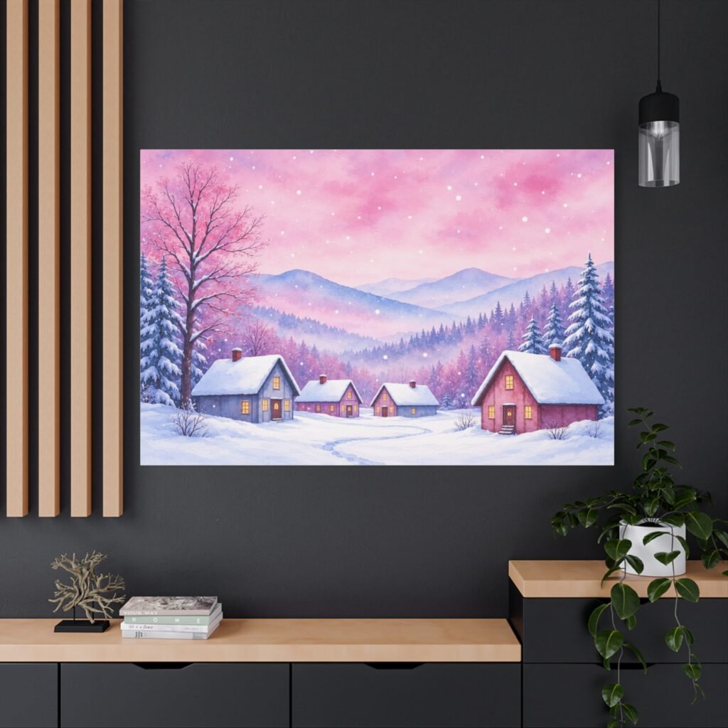 Winter Village Canvas Print – Pink Snowy Landscape Matte Stretched Wall Art