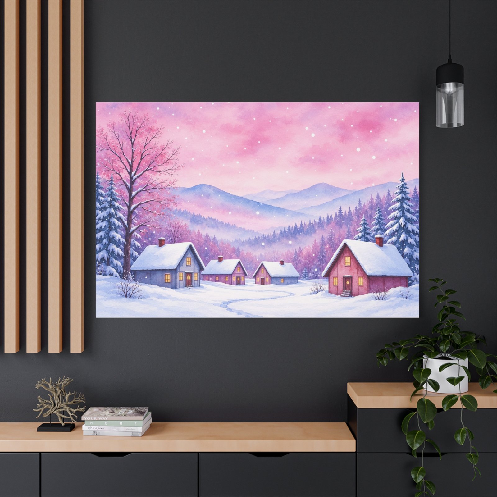 Winter Village Canvas Print – Pink Snowy Landscape Matte Stretched Wall Art - Image 4