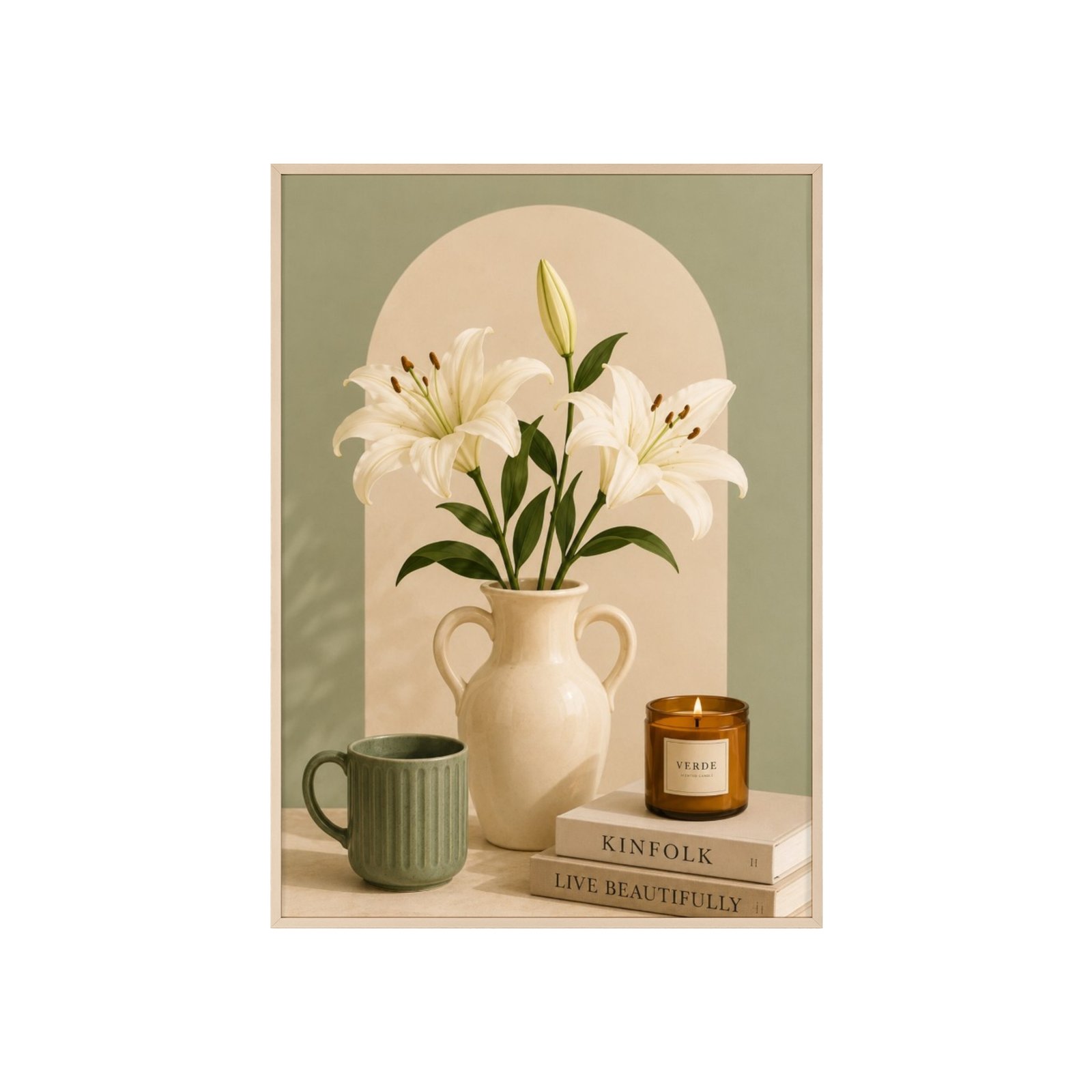 Framed Lily Still Life Poster – Vintage Vase & Candle Wall Art - Image 1