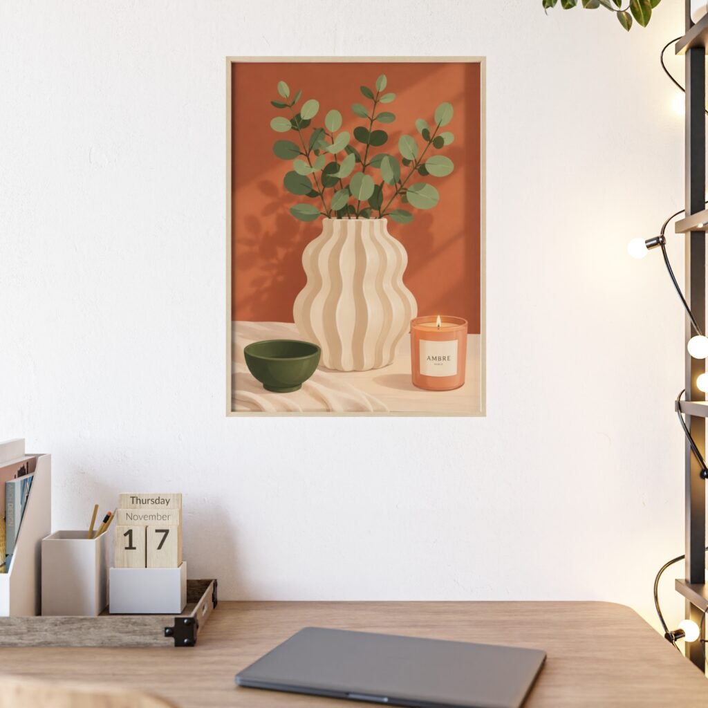 Framed Botanical Still Life Poster — Eucalyptus Vase & Candle Wall Art