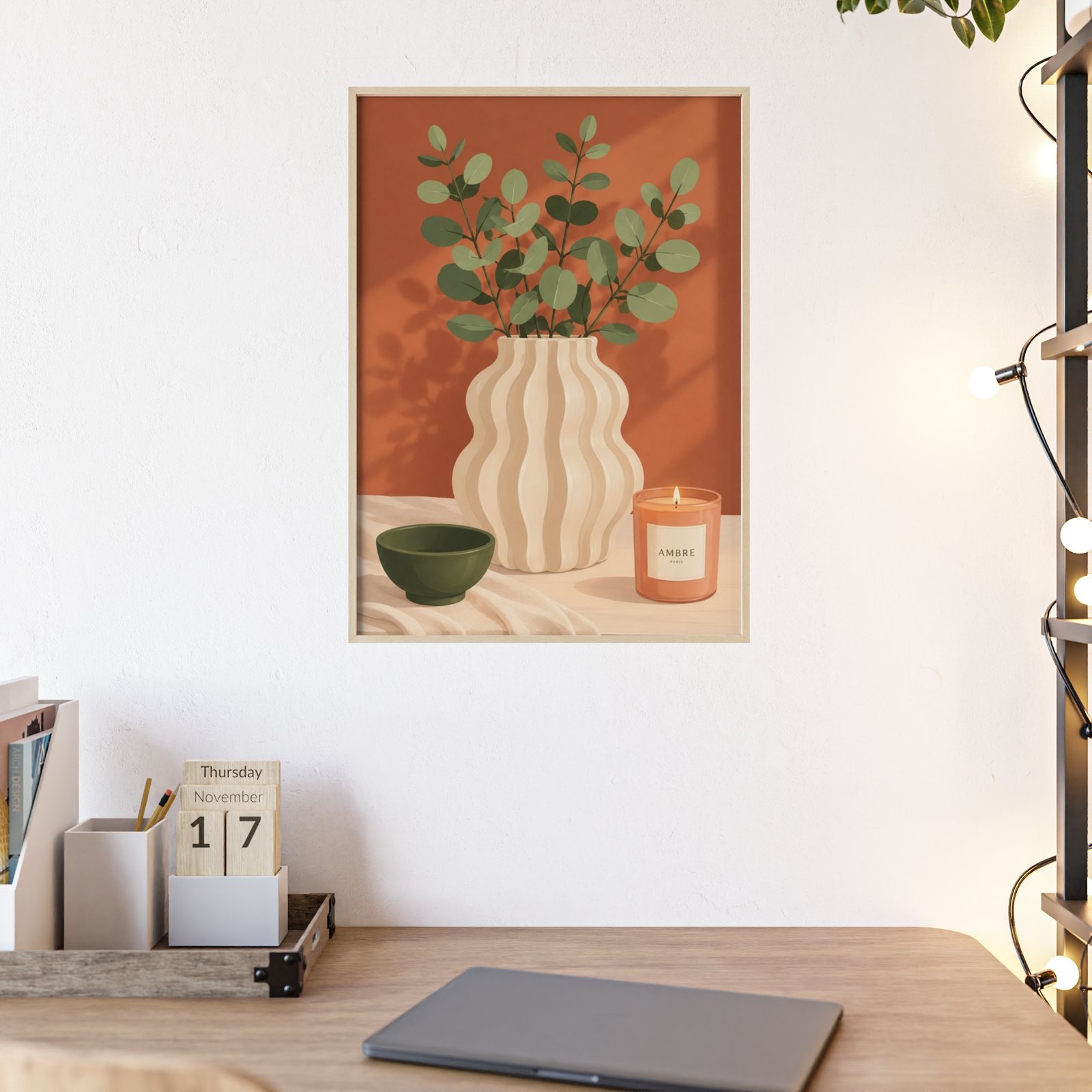 Framed Botanical Still Life Poster — Eucalyptus Vase & Candle Wall Art - Image 2