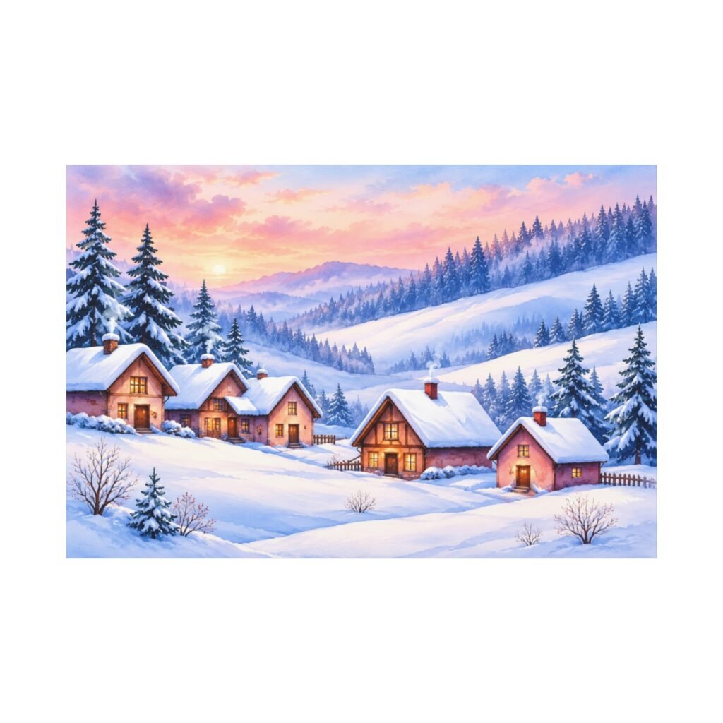 Winter Cabin Canvas Wall Art — Cozy Snowy Village Stretched Matte Print