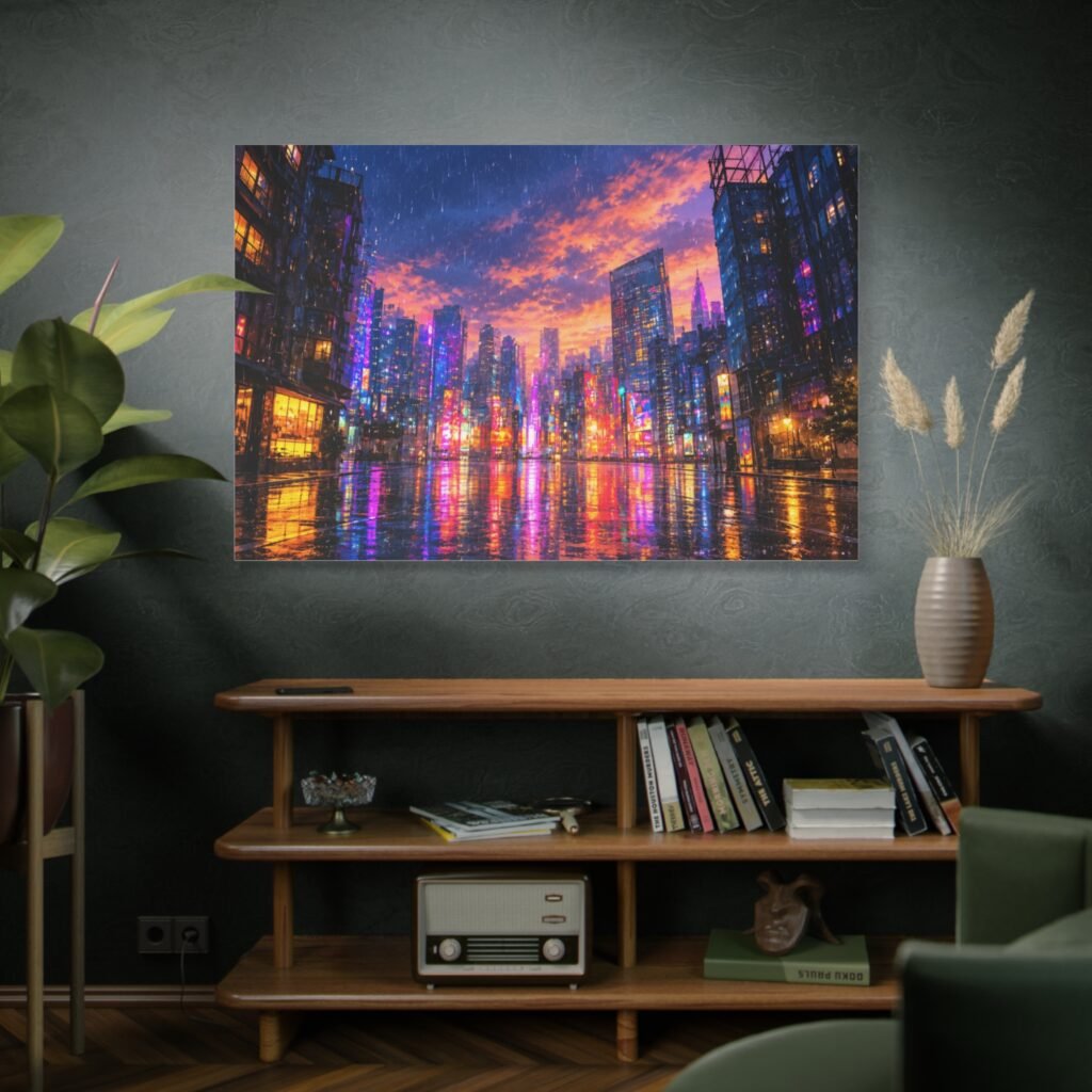 City Lights Rainy Night Matte Canvas Print — Vibrant Neon Urban Skyline Wall Art