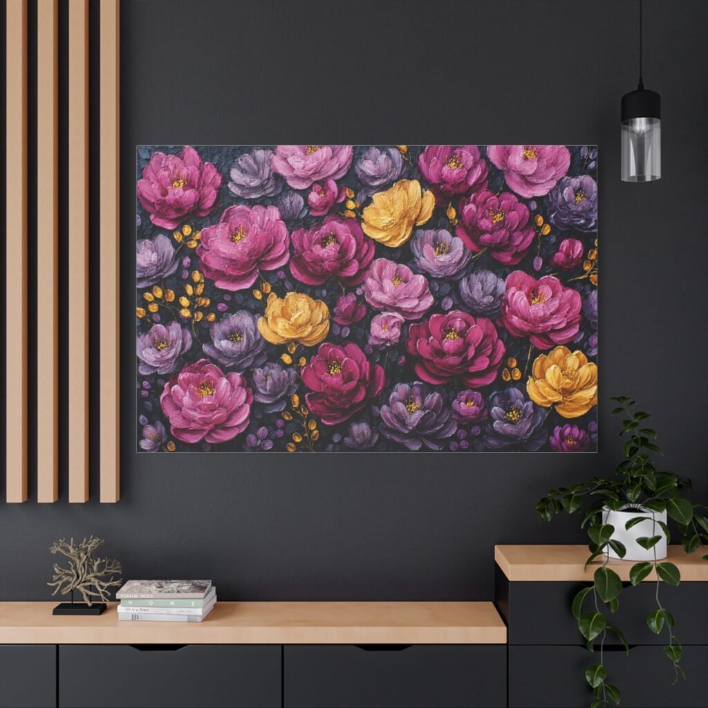 Floral Canvas Wall Art – Pink, Purple & Gold Peony Pattern, Stretched Matte Canvas