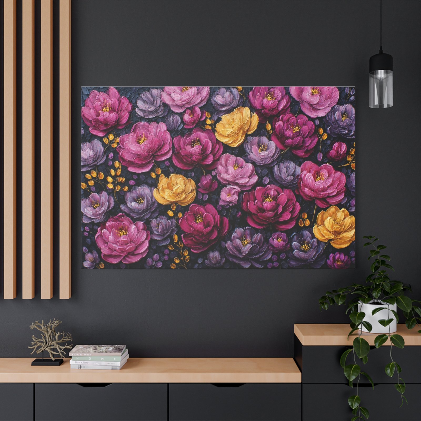 Floral Canvas Wall Art – Pink, Purple & Gold Peony Pattern, Stretched Matte Canvas - Image 4