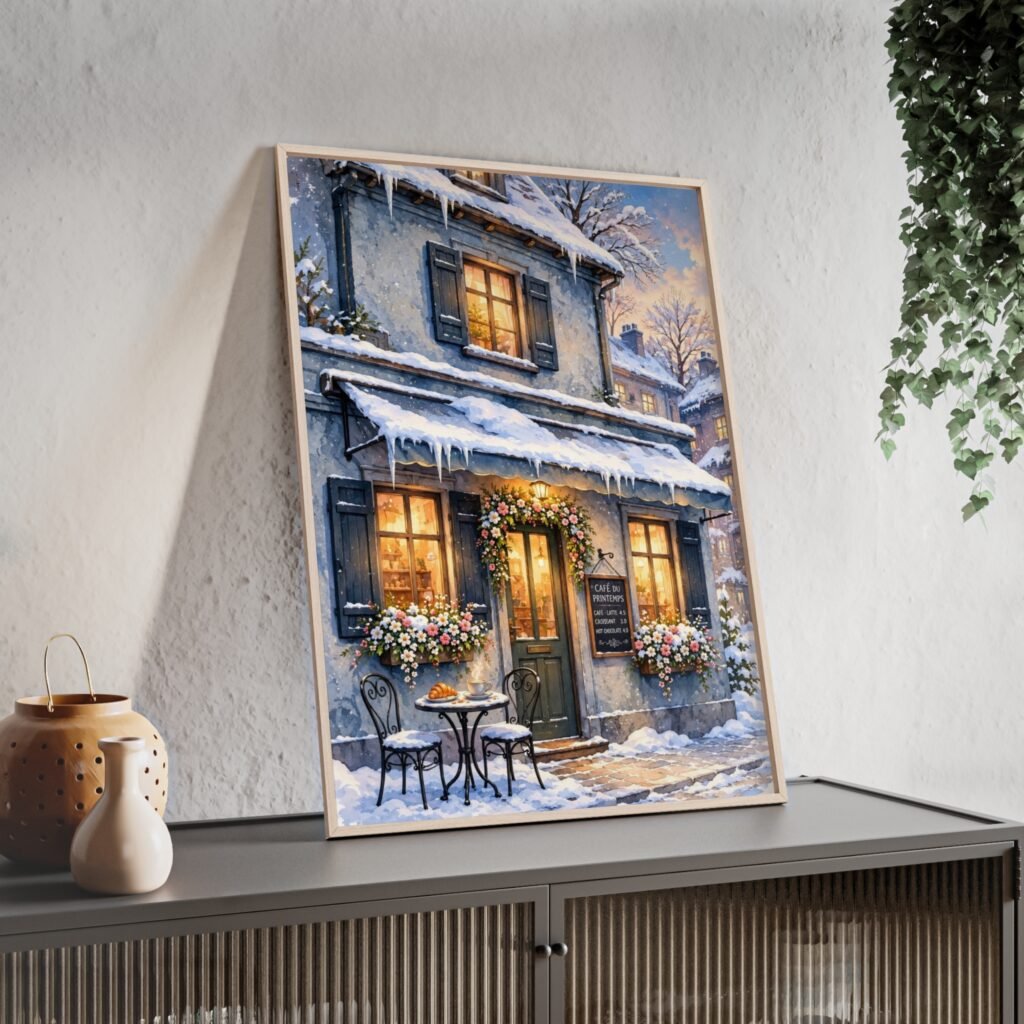 Winter Cottage Snowy Street Poster with Wooden Frame — Cozy Holiday Wall Art