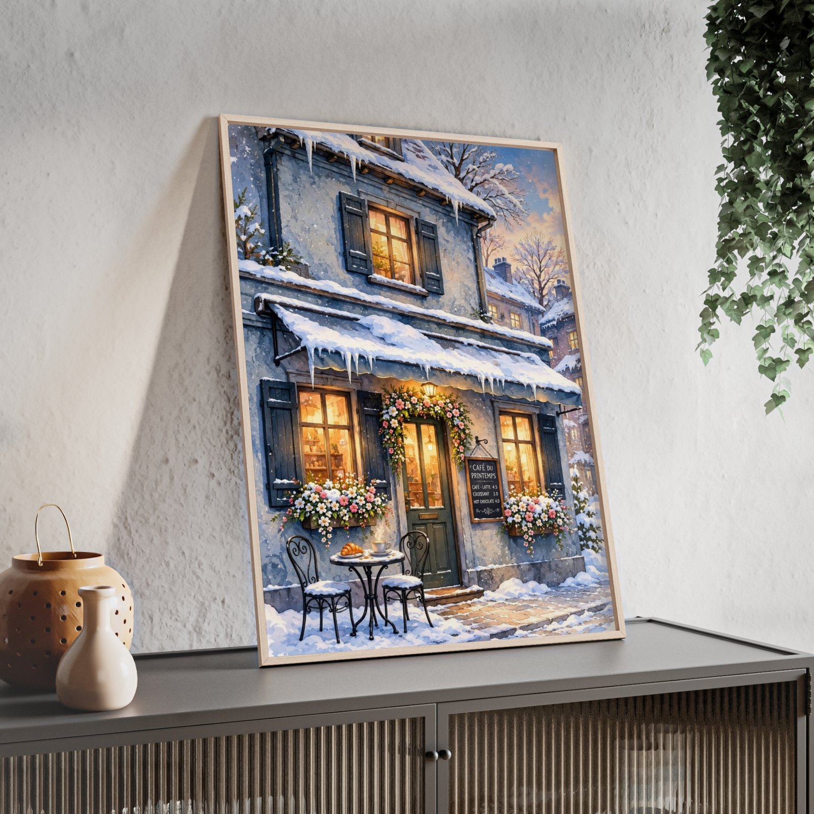 Winter Cottage Snowy Street Poster with Wooden Frame — Cozy Holiday Wall Art - Image 3