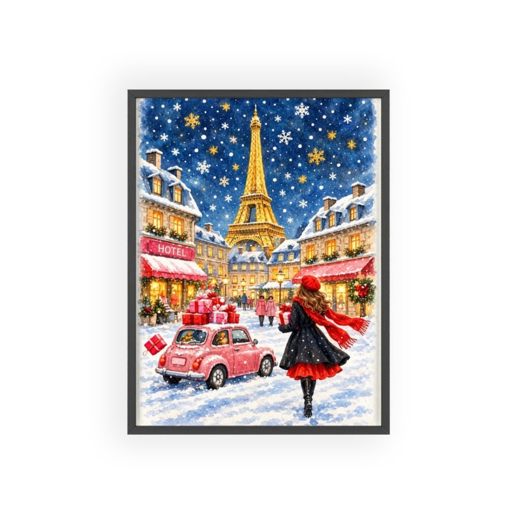 Paris Winter Holiday Poster with Wooden Frame — Eiffel Tower Christmas Street Scene