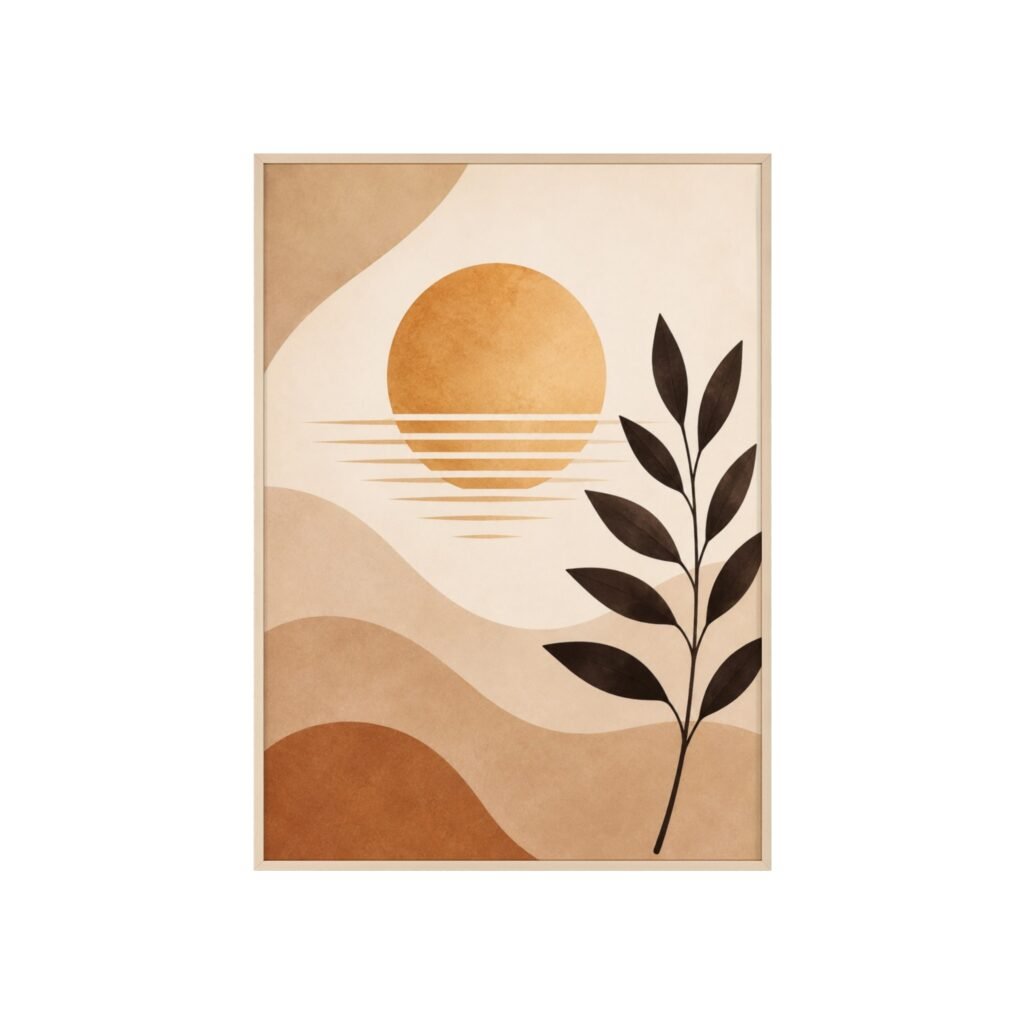 Midcentury Sun & Leaf Framed Poster — Abstract Boho Wall Art