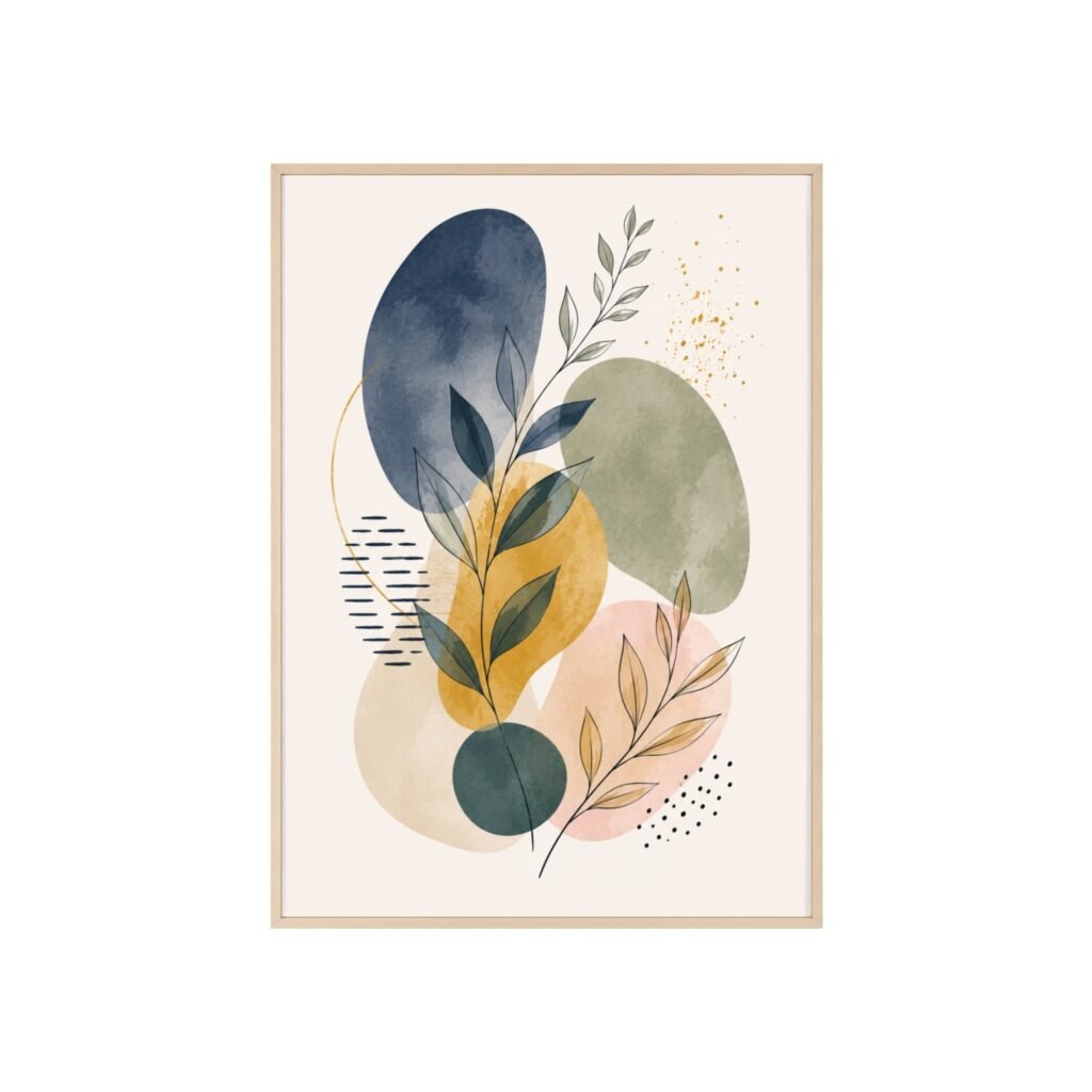 Boho Botanical Poster with Wooden Frame — Neutral Watercolor Wall Art