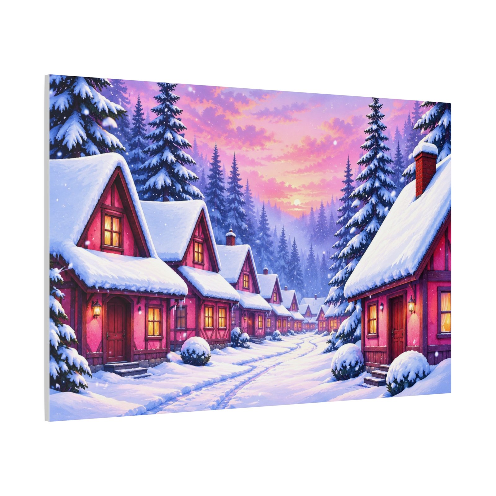 Winter Village Canvas Wall Art — Snowy Cottage Sunset Matte Stretched Print - Image 2