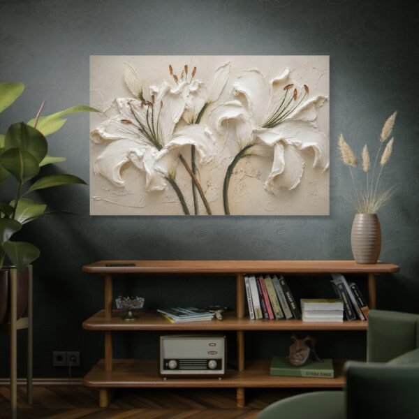 White Lily Textured Canvas Wall Art — Stretched Matte Floral Painting - Image 5