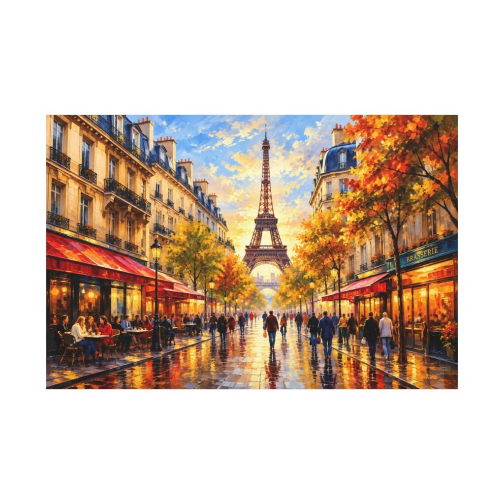 Eiffel Tower Paris Street Scene Matte Canvas Wall Art, Stretched