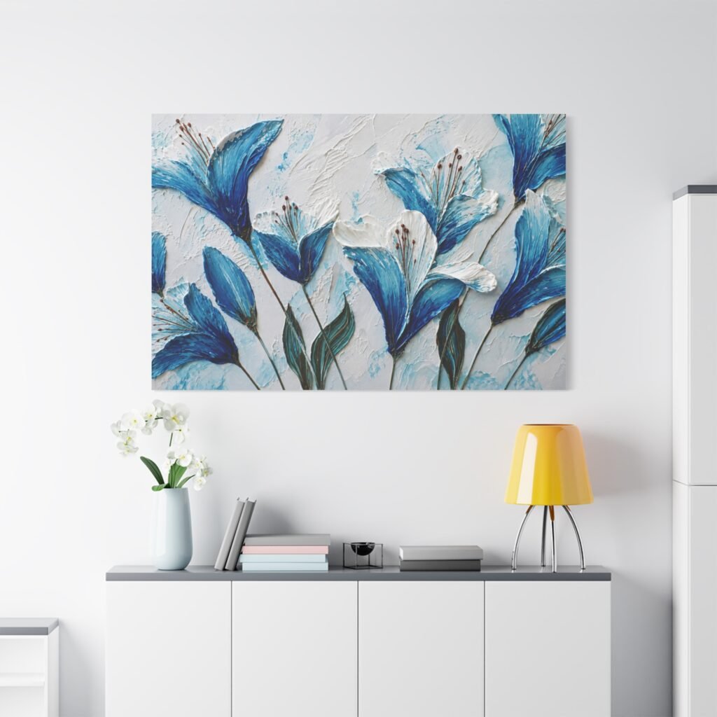 Blue Floral Canvas Wall Art – Textured Stretched Matte Canvas