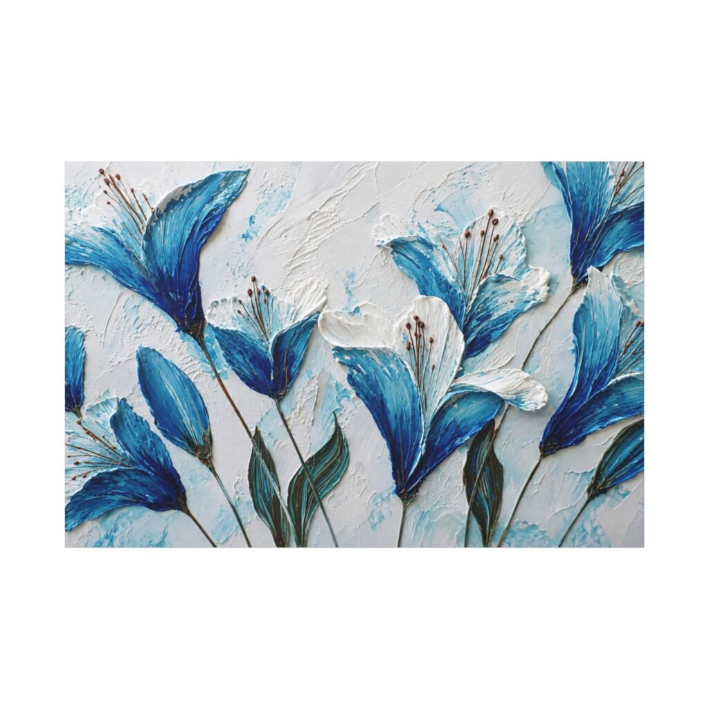 Blue Floral Canvas Wall Art – Textured Stretched Matte Canvas