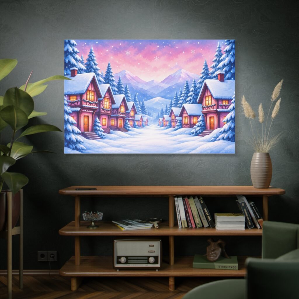 Winter Village Canvas Wall Art — Cozy Snowy Cabin Landscape Matte Stretched Print