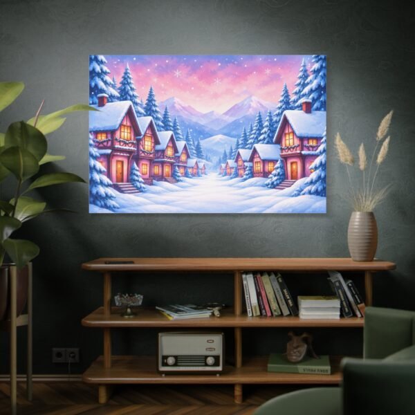 Winter Village Canvas Wall Art — Cozy Snowy Cabin Landscape Matte Stretched Print - Image 5