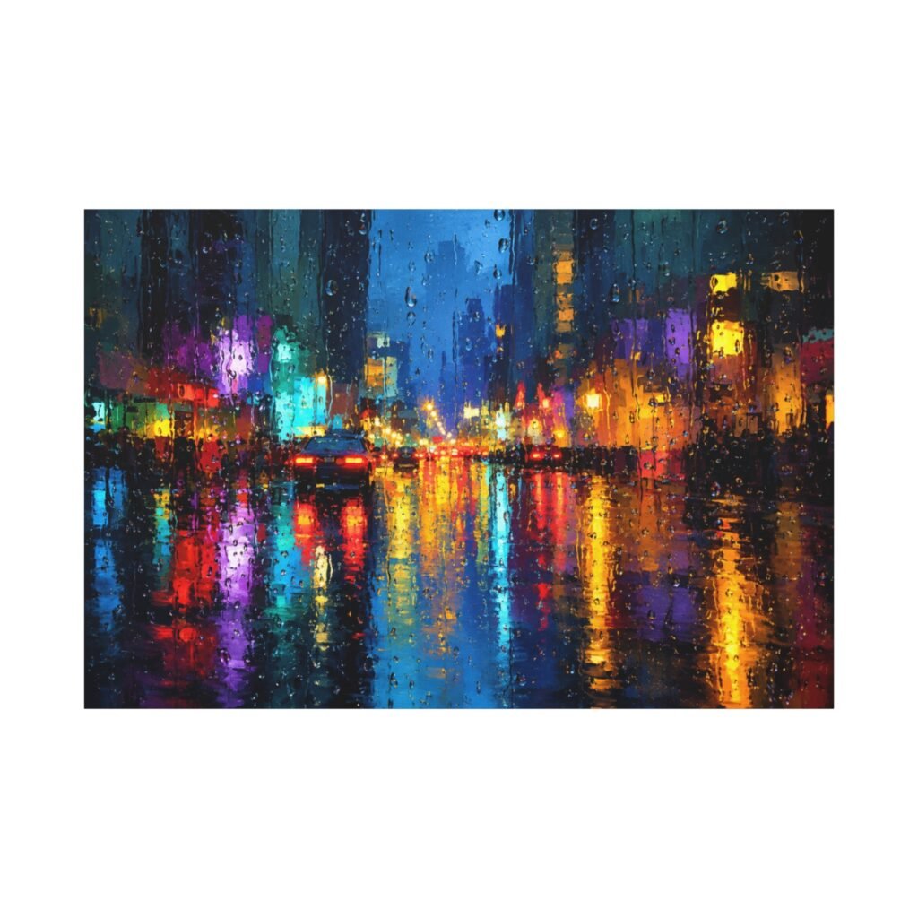 City Nightscape Matte Canvas Print - Colorful Rainy Street Reflection, Stretched 1.25"