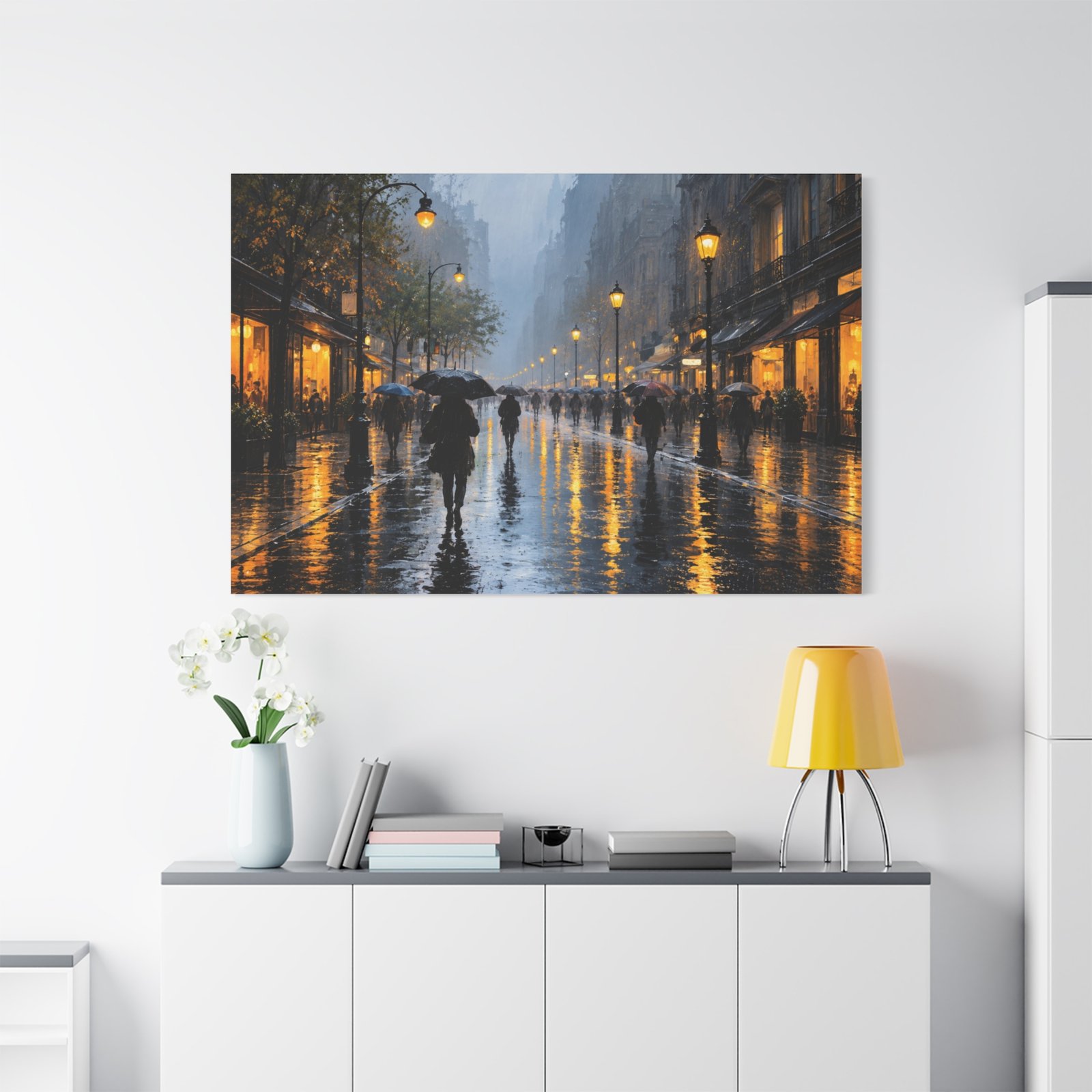 Rainy City Street Matte Canvas Wall Art — Evening Umbrella Scene, Stretched 1.25" - Image 3