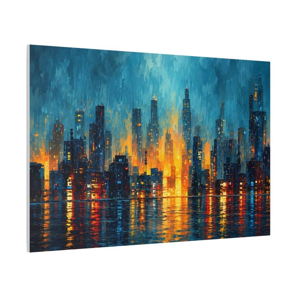 City Lights Abstract Matte Canvas Print — Blue & Amber Skyline Wall Art, Stretched 1.25"