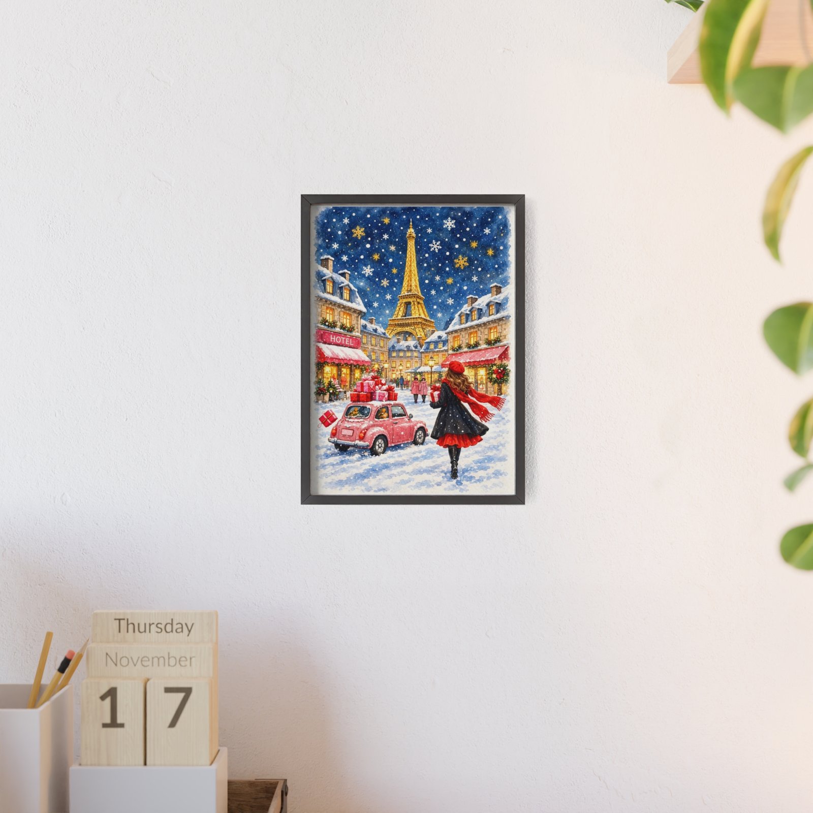 Paris Winter Holiday Poster with Wooden Frame — Eiffel Tower Christmas Street Scene - Image 104