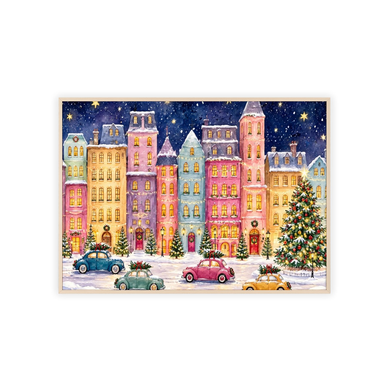 Christmas City Street Poster with Wooden Frame — Festive Winter Holiday Wall Art - Image 1