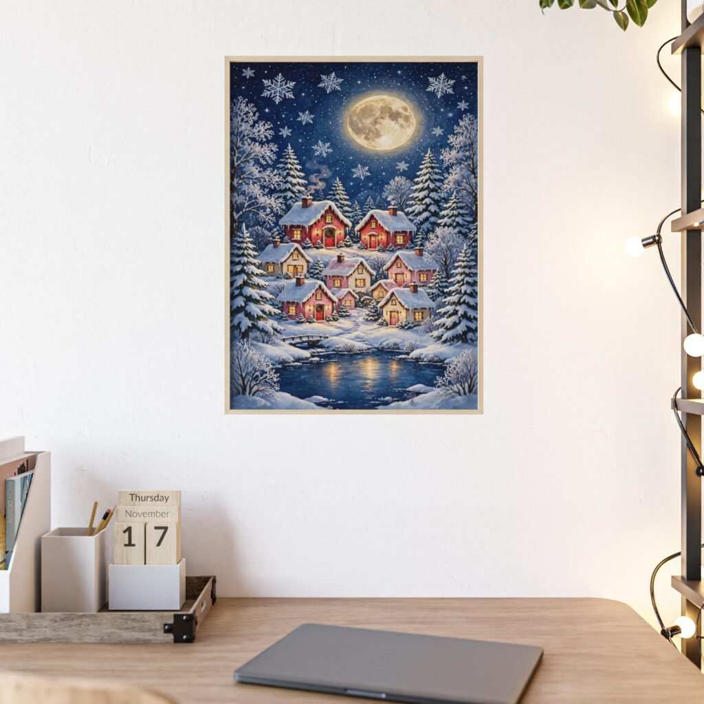 Christmas Village Winter Moon Poster with Wooden Frame