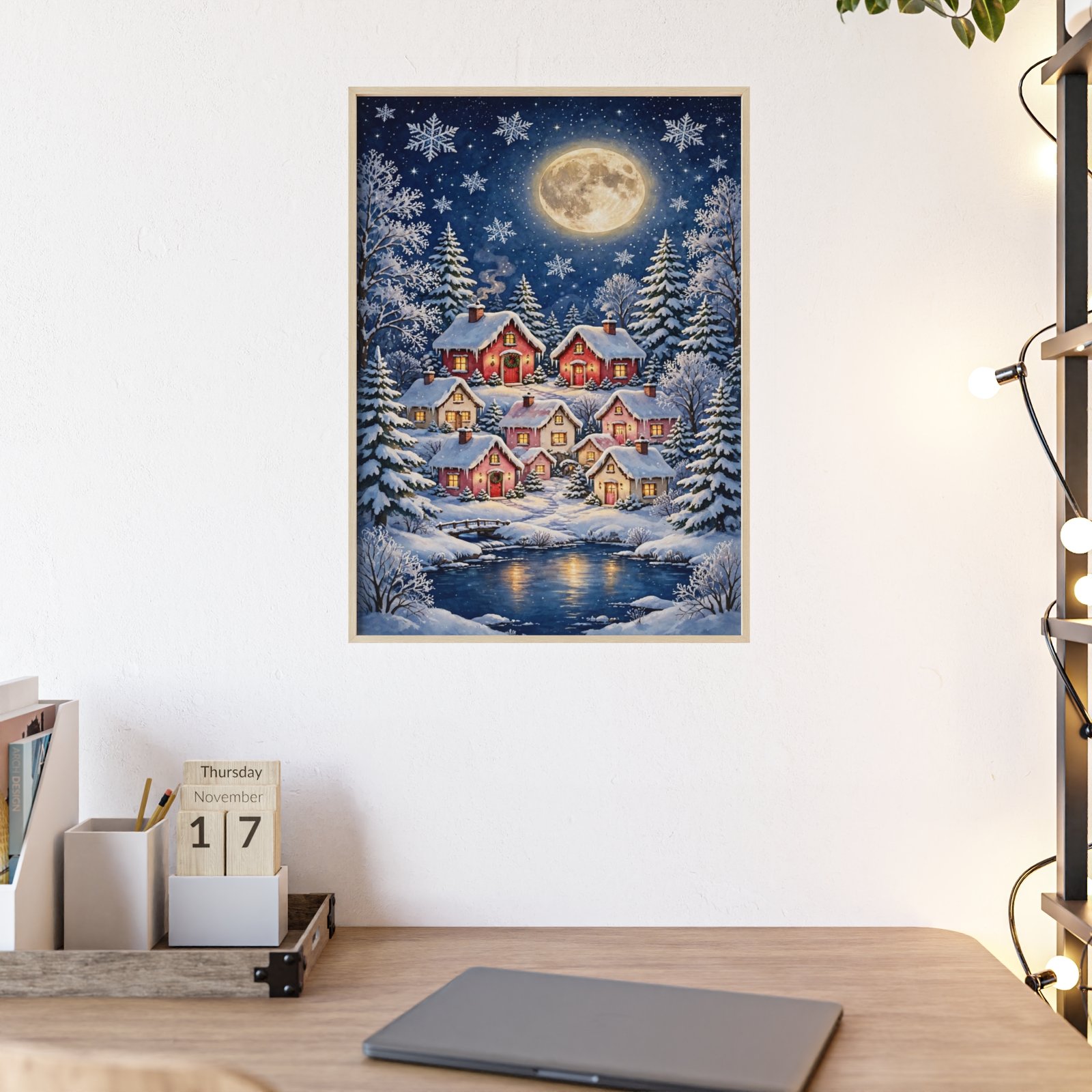 Christmas Village Winter Moon Poster with Wooden Frame - Image 4
