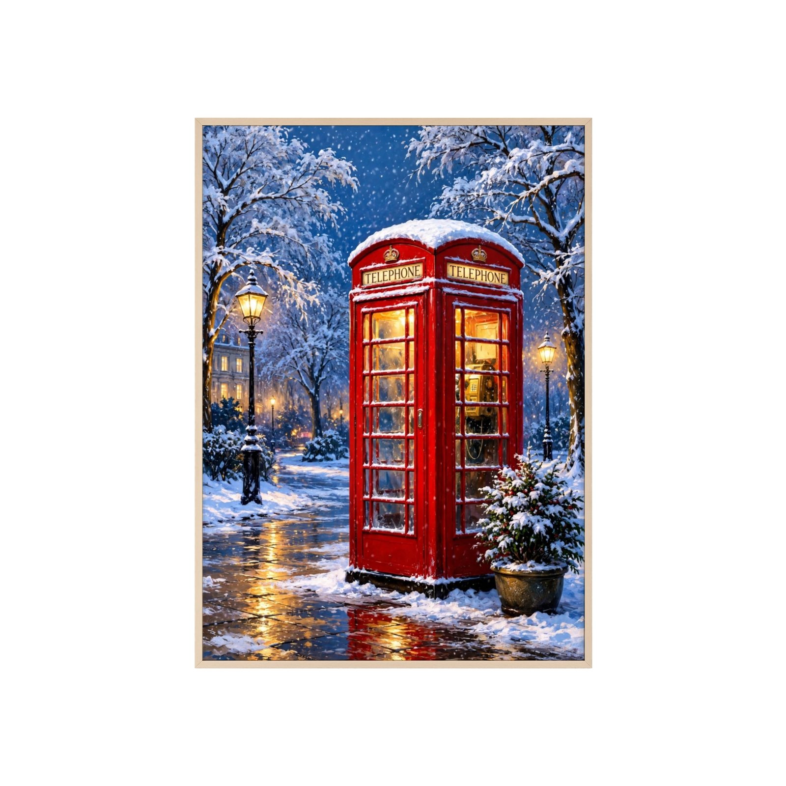 Framed Winter London Phone Booth Poster — Snowy Street Holiday Wall Art - Image 1