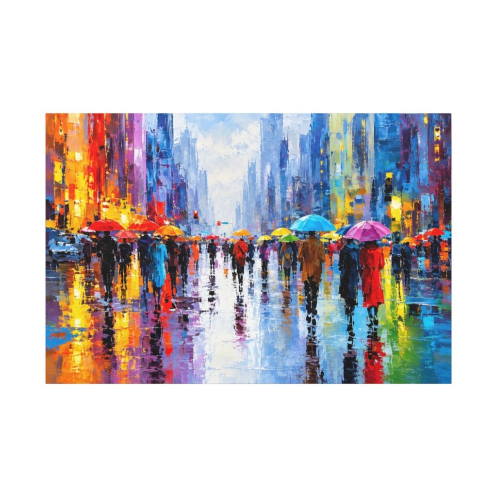 Colorful Rainy Cityscape Matte Canvas Print — Stretched Wall Art