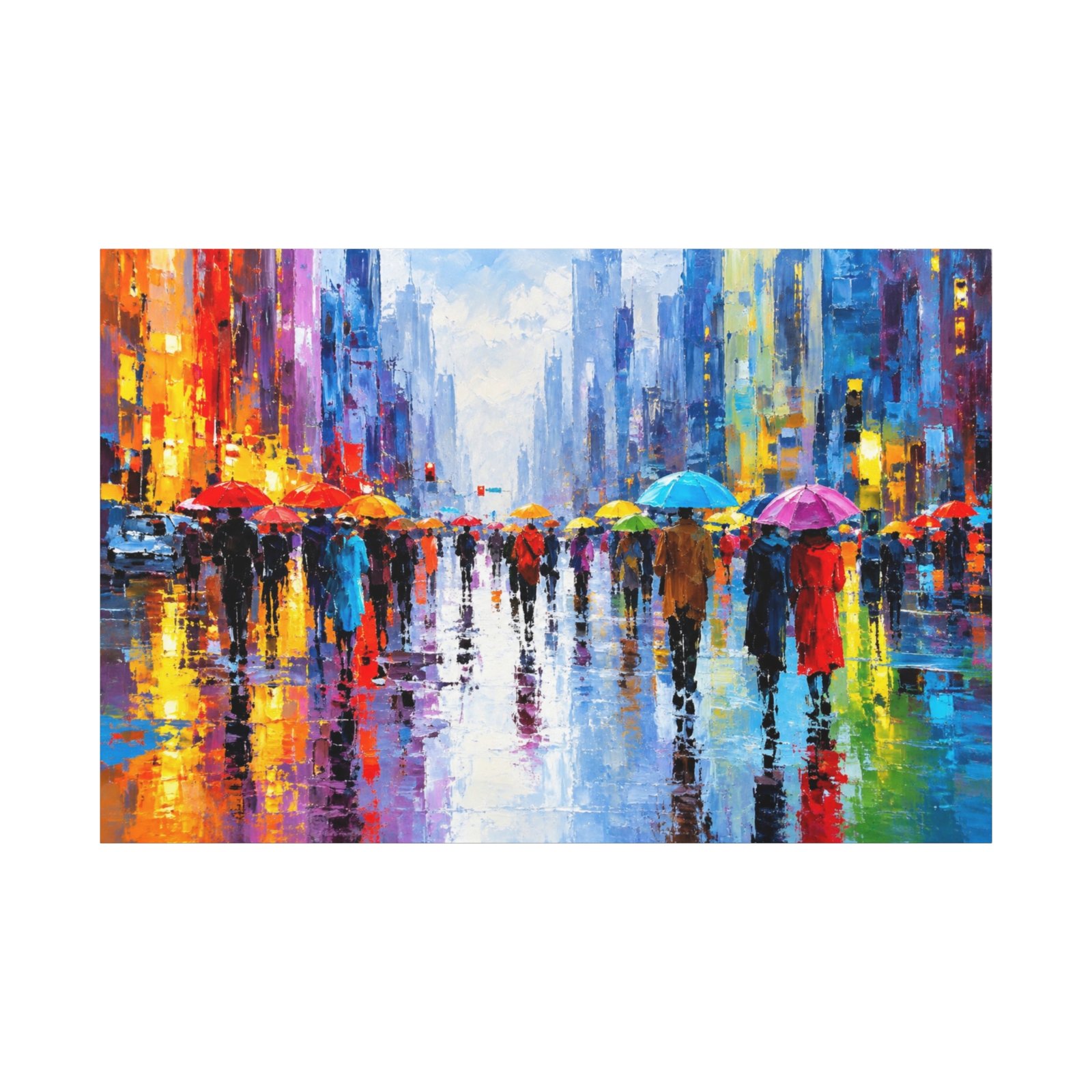 Colorful Rainy Cityscape Matte Canvas Print — Stretched Wall Art - Image 1