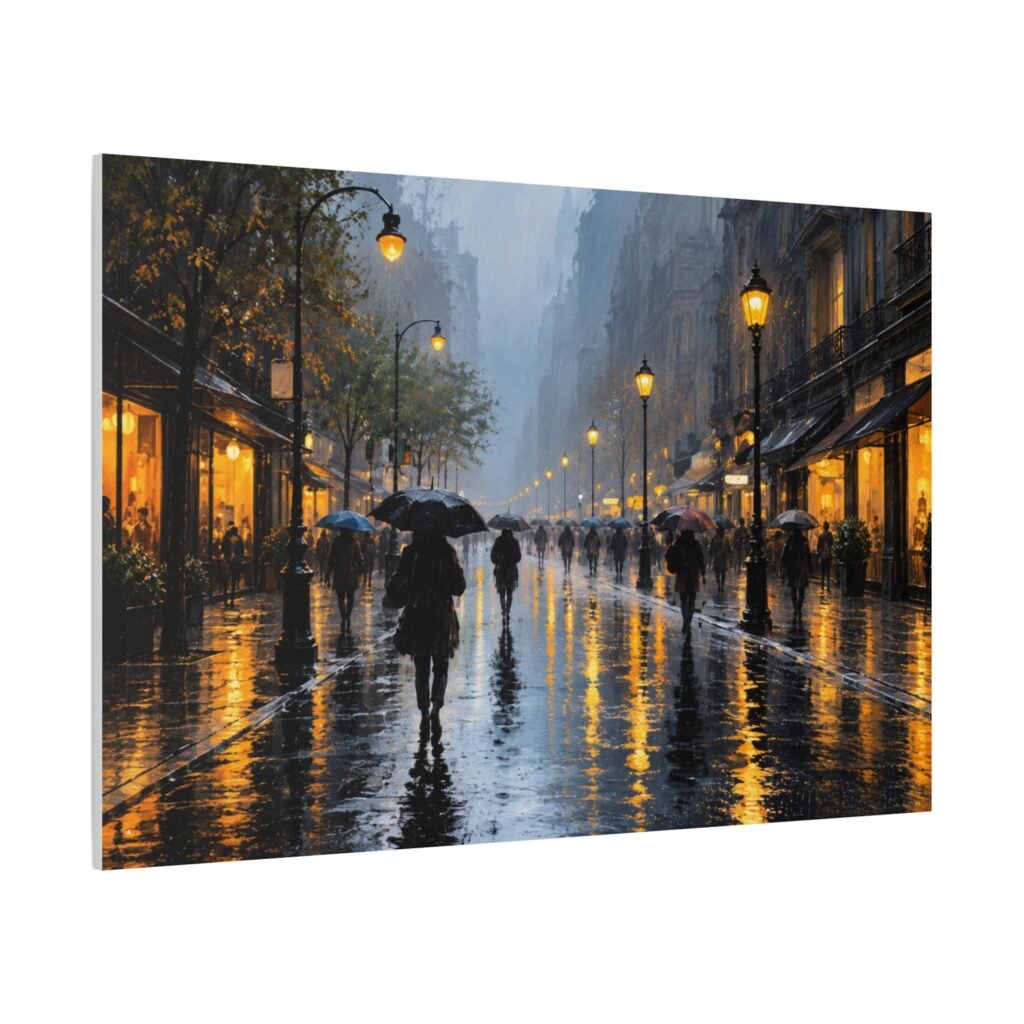 Rainy City Street Matte Canvas Wall Art — Evening Umbrella Scene, Stretched 1.25"