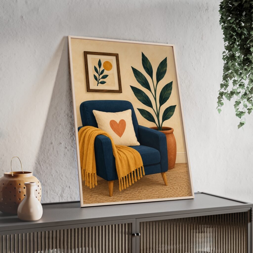 Cozy Living Room Botanical Poster with Wooden Frame — Heart Pillow Art Print